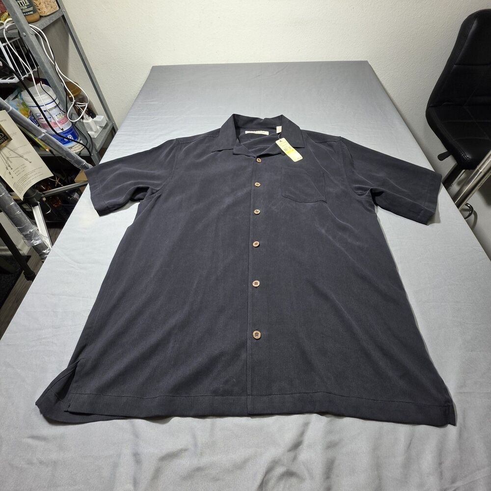 Tommy Bahama Caribbean Stud Silk Camp Shirt M NWT Black Gray Back Graphic T34216